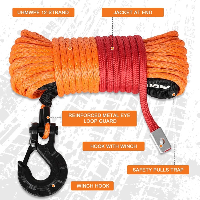 Aomifunny حبل ونش صناعي، 1/4" × 50 قدم 10000 رطل حبل ونش، كابل ونش صناعي مع غلاف واقي + خطاف ونش + حزام سحب أمان لمركبات الطرق الوعرة ATV UTV SUV (برتقالي) - Image 2